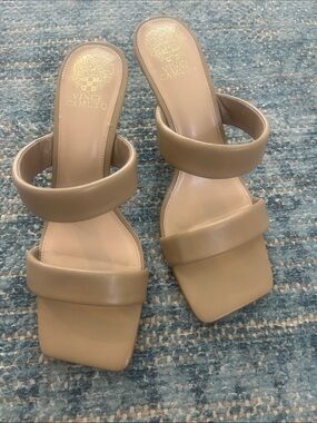 Vince Camuto Taupe Double-Strap Square-Toe Slide Heels